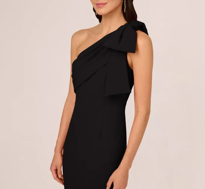 Adrianna Papell Formal Dresses Stretch Crepe One Shoulder Mermaid Gown With Bow Accent In Black 8211 Women