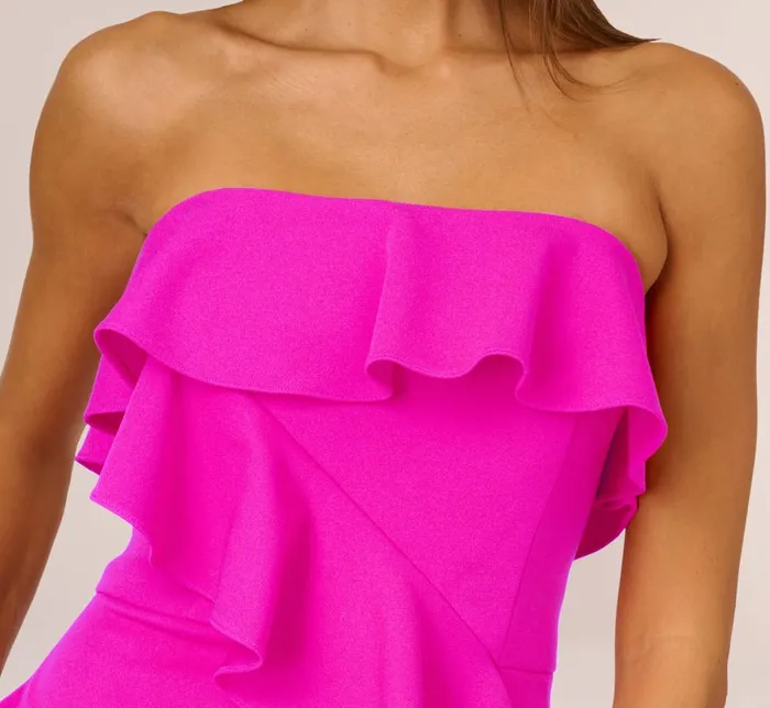 Adrianna Papell Formal Dresses Stretch Crepe Strapless Column Gown With Ruffle Details In Pink Flame 8211 Women