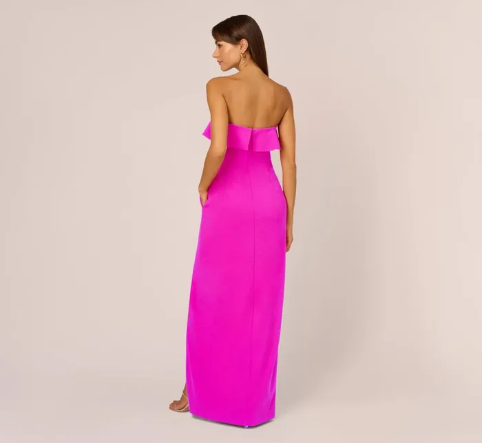Adrianna Papell Formal Dresses Stretch Crepe Strapless Column Gown With Ruffle Details In Pink Flame 8211 Women