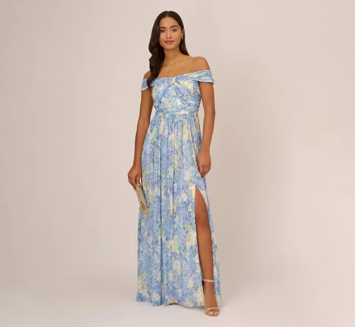 Adrianna Papell Formal Dresses Watercolor Floral Print Gown With Off The Shoulder Neckline In Blue Multi 8211 Women
