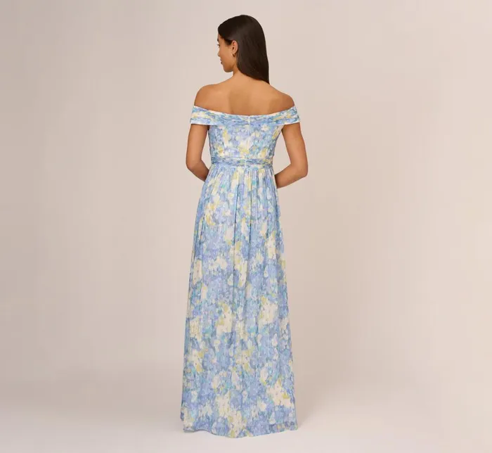 Adrianna Papell Formal Dresses Watercolor Floral Print Gown With Off The Shoulder Neckline In Blue Multi 8211 Women