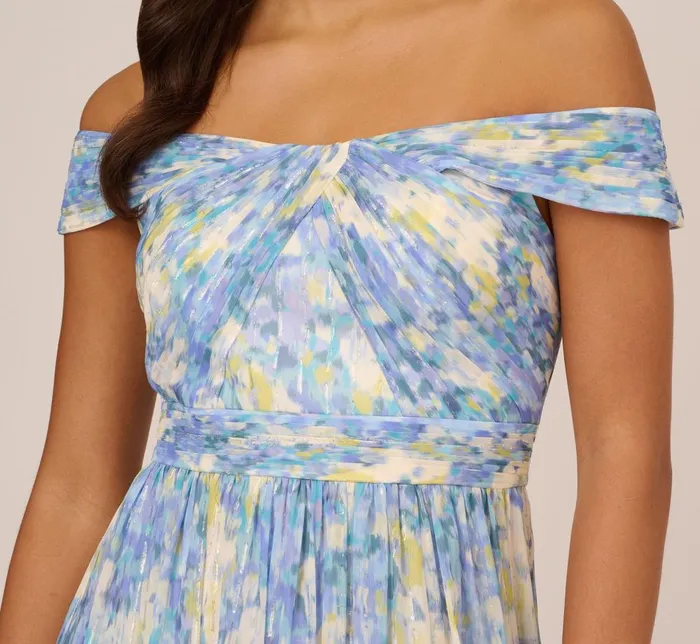 Adrianna Papell Formal Dresses Watercolor Floral Print Gown With Off The Shoulder Neckline In Blue Multi 8211 Women