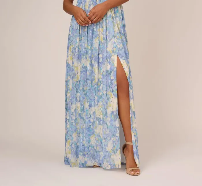 Adrianna Papell Formal Dresses Watercolor Floral Print Gown With Off The Shoulder Neckline In Blue Multi 8211 Women