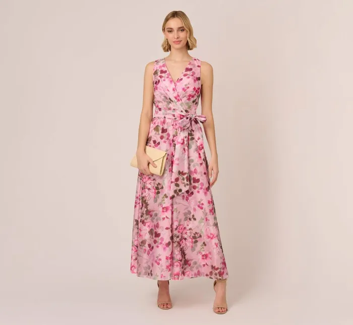 Adrianna Papell Jumpsuits Floral Print Organza Sleeveless Jumpsuit With Self Tie Waist In Pink Multi 8211 Women