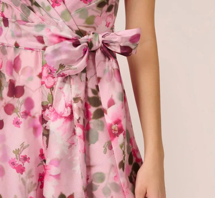 Adrianna Papell Jumpsuits Floral Print Organza Sleeveless Jumpsuit With Self Tie Waist In Pink Multi 8211 Women