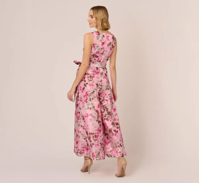 Adrianna Papell Jumpsuits Floral Print Organza Sleeveless Jumpsuit With Self Tie Waist In Pink Multi 8211 Women