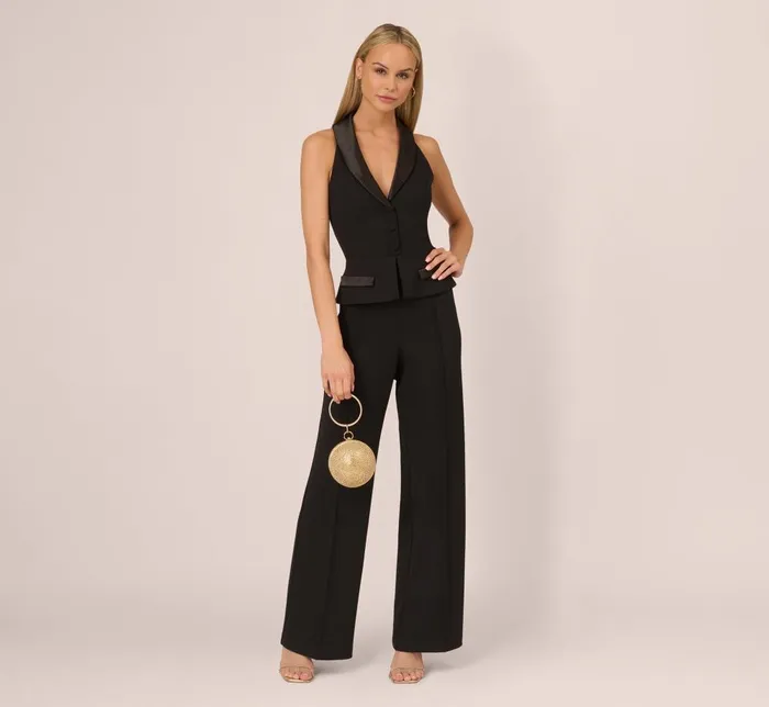 Adrianna Papell Jumpsuits Knit Crepe Tuxedo Jumpsuit With Halter Neckline In Black 8211 Women