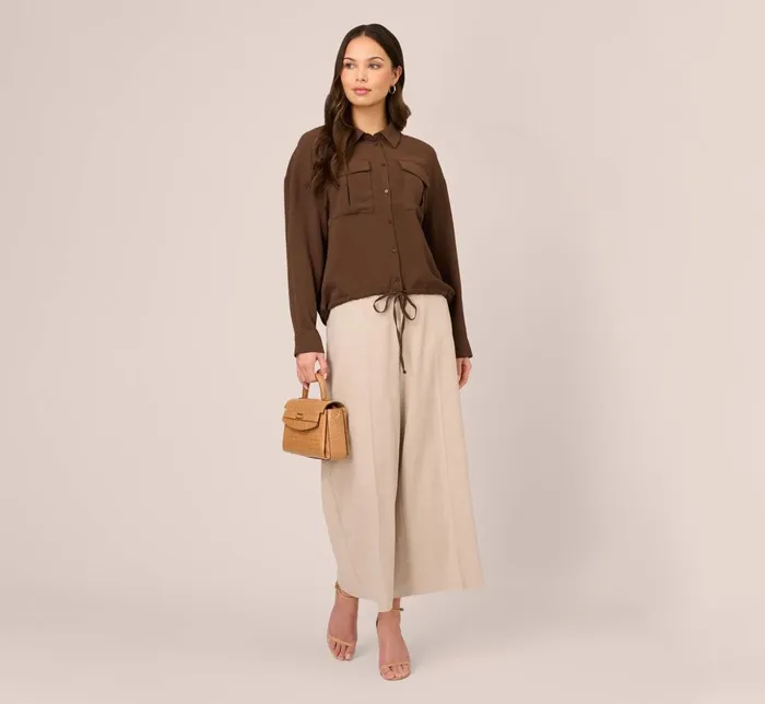 Adrianna Papell Tops and Blouses Button Up Utility Shirt With Self Tie Drawstring In Coastal Coffee 8211 Women