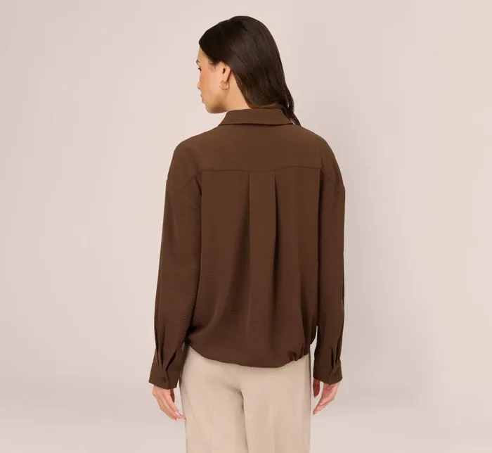 Adrianna Papell Tops and Blouses Button Up Utility Shirt With Self Tie Drawstring In Coastal Coffee 8211 Women