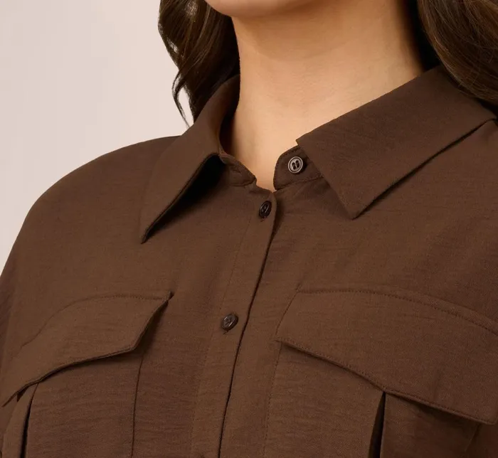 Adrianna Papell Tops and Blouses Button Up Utility Shirt With Self Tie Drawstring In Coastal Coffee 8211 Women