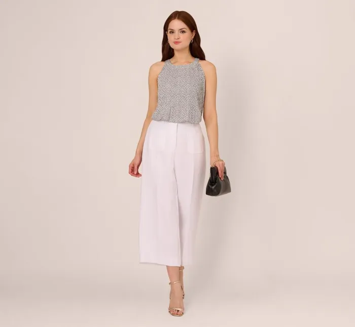 Adrianna Papell Tops and Blouses Sleeveless Printed Trapeze Top With Crinkle Details In Ivory Navy Ditsy Leafy Vine 8211 Women