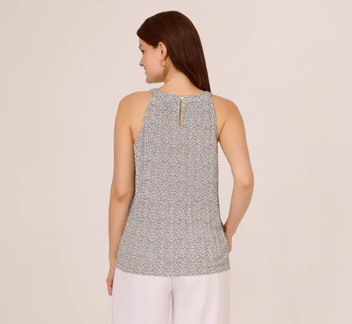 Adrianna Papell Tops and Blouses Sleeveless Printed Trapeze Top With Crinkle Details In Ivory Navy Ditsy Leafy Vine 8211 Women
