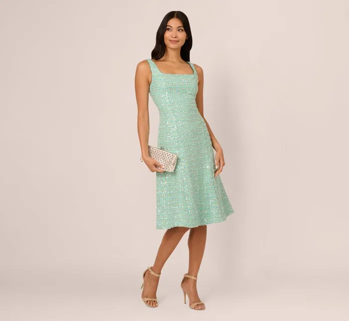 Adrianna Papell Wedding Guest Dresses Fit And Flare Sequin Boucle Dress In Sage 8211 Women