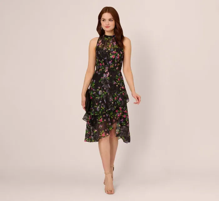 Adrianna Papell Wedding Guest Dresses Floral Chiffon Halter Midi Dress With Flounce Hem In Black Multi 8211 Women