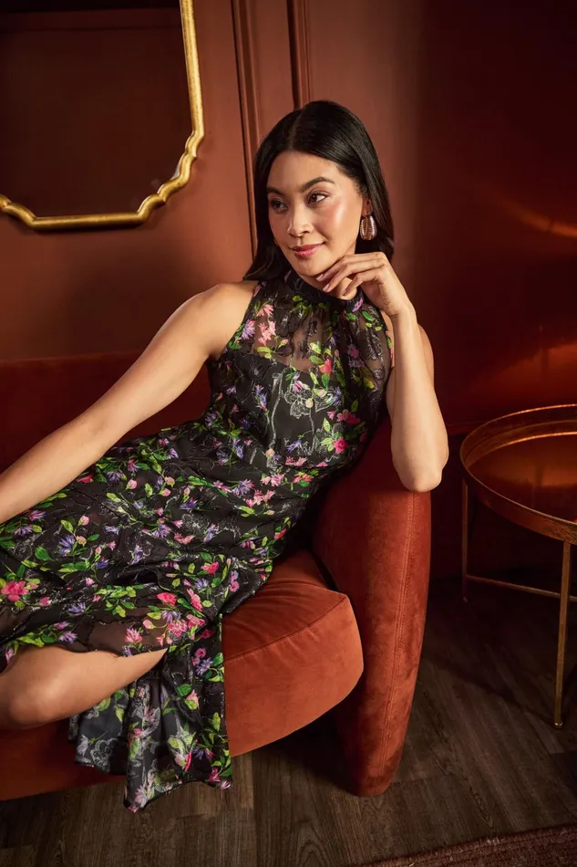 Adrianna Papell Wedding Guest Dresses Floral Chiffon Halter Midi Dress With Flounce Hem In Black Multi 8211 Women