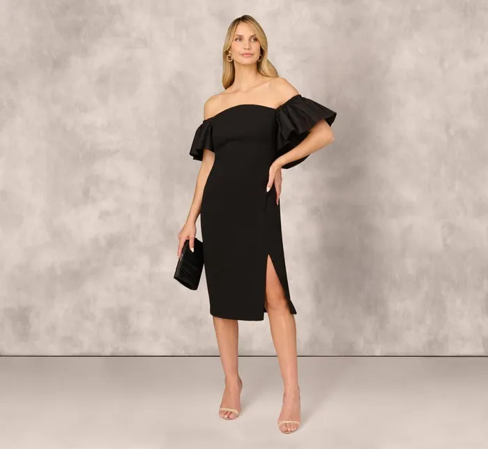 Adrianna Papell Wedding Guest Dresses Off The Shoulder Midi Dress With Organza Bubble Sleeves In Black 8211 Women