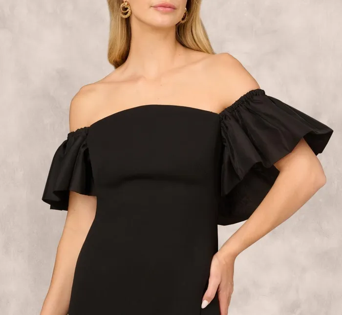 Adrianna Papell Wedding Guest Dresses Off The Shoulder Midi Dress With Organza Bubble Sleeves In Black 8211 Women