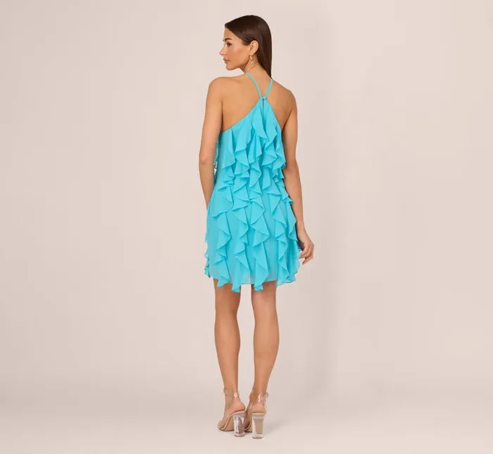 Adrianna Papell Wedding Guest Dresses Ruffle Chiffon Halter Dress With Pockets In Azure Blue 8211 Women