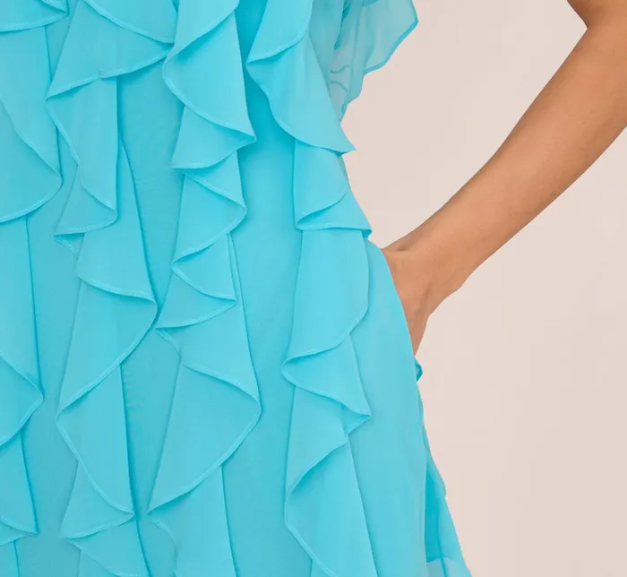 Adrianna Papell Wedding Guest Dresses Ruffle Chiffon Halter Dress With Pockets In Azure Blue 8211 Women