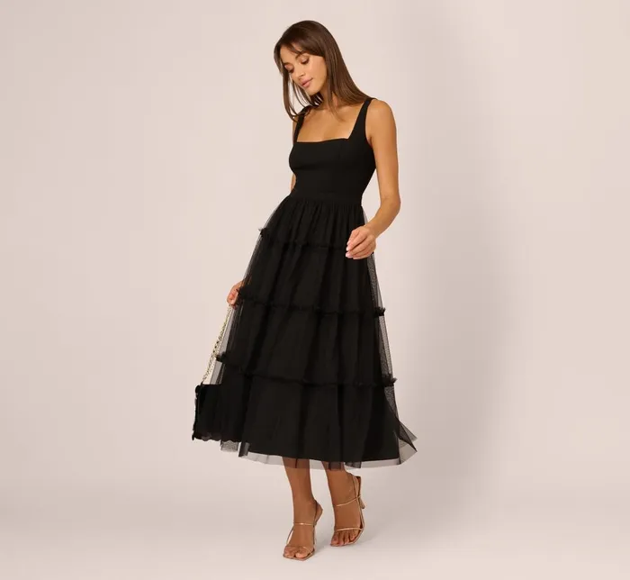 Adrianna Papell Wedding Guest Dresses Sleeveless Midi Dress With Square Neck And Tiered Skirt In Black 8211 Women