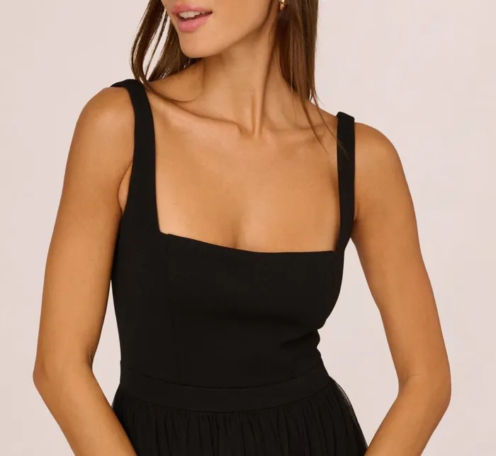 Adrianna Papell Wedding Guest Dresses Sleeveless Midi Dress With Square Neck And Tiered Skirt In Black 8211 Women