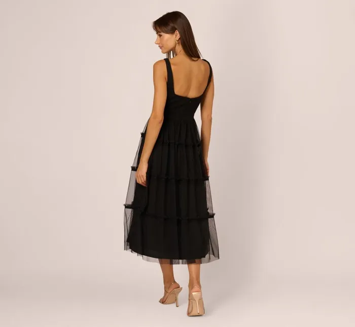 Adrianna Papell Wedding Guest Dresses Sleeveless Midi Dress With Square Neck And Tiered Skirt In Black 8211 Women