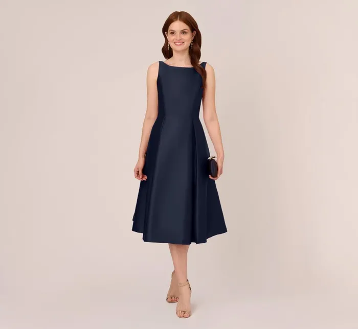 Adrianna Papell Wedding Guest Dresses Sleeveless Mikado Fit And Flare Midi Dress With VBack In Midnight 8211 Women