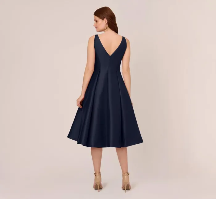 Adrianna Papell Wedding Guest Dresses Sleeveless Mikado Fit And Flare Midi Dress With VBack In Midnight 8211 Women