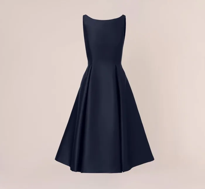 Adrianna Papell Wedding Guest Dresses Sleeveless Mikado Fit And Flare Midi Dress With VBack In Midnight 8211 Women