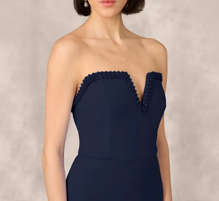 Adrianna Papell Wedding Guest Dresses Strapless Bonded Crepe Midi Dress With Beaded Notch Neckline In Twilight 8211 Women