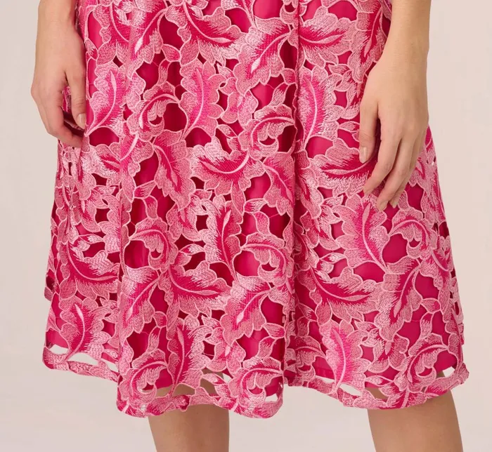 Adrianna Papell Wedding Guest Dresses Tonal Lace Sleeveless Midi Dress With Pockets In Electric Pink 8211 Women