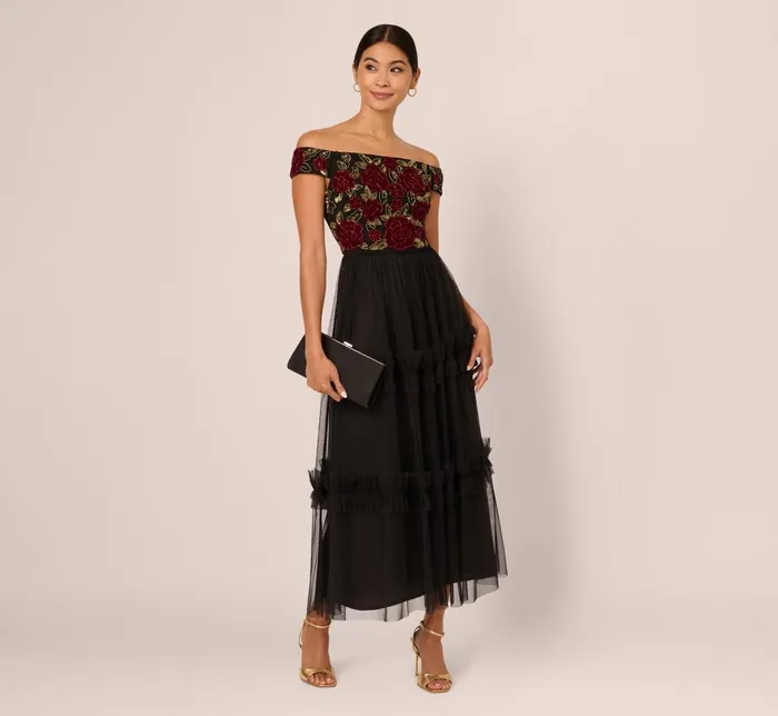 Adrianna Papell Wedding Guest Dresses Velvet And Tulle Midi Dress In Black Red 8211 Women