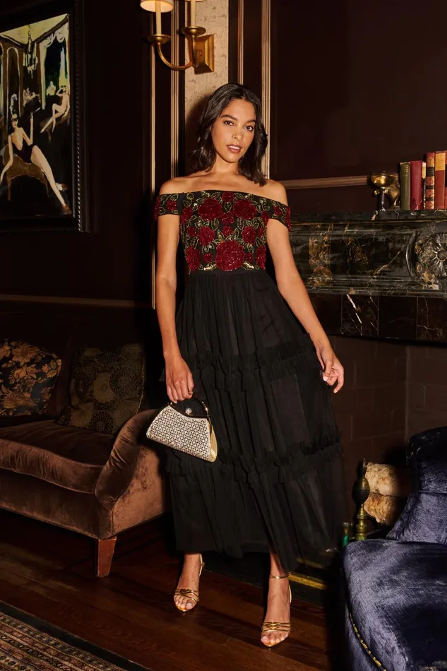 Adrianna Papell Wedding Guest Dresses Velvet And Tulle Midi Dress In Black Red 8211 Women