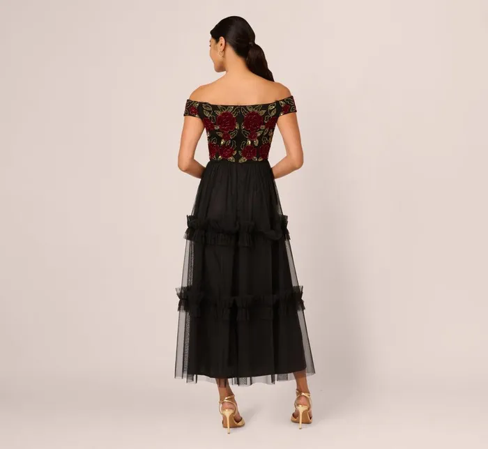 Adrianna Papell Wedding Guest Dresses Velvet And Tulle Midi Dress In Black Red 8211 Women