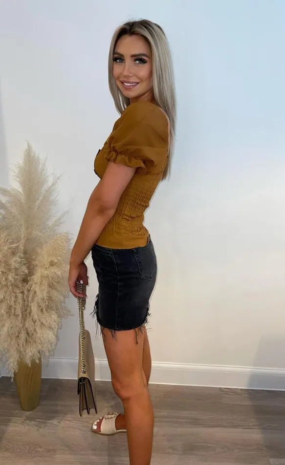 Aofie Tan Shirred Puff Sleeve Top Women Missfiga Tops
