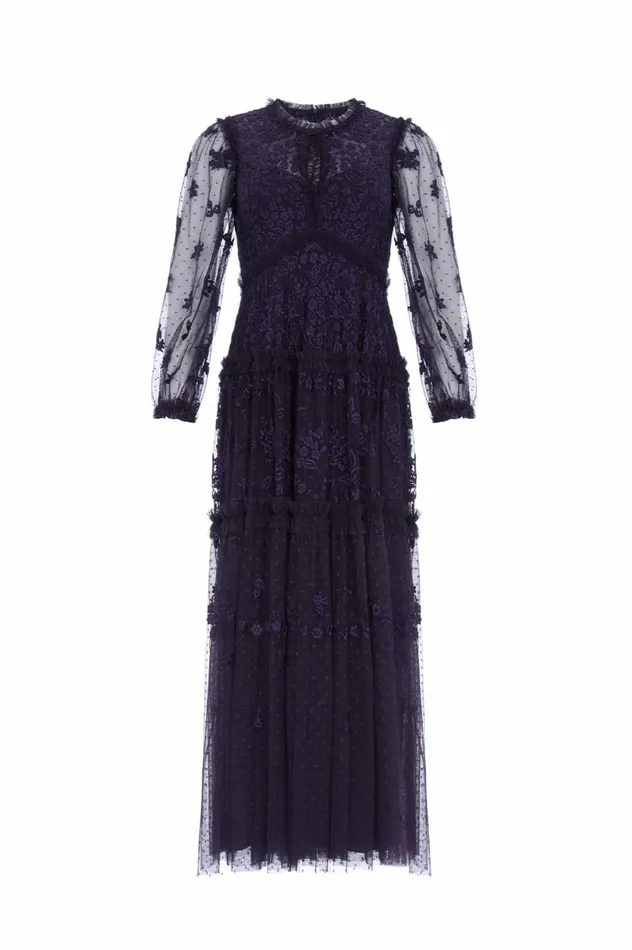 Autumn Lace Long Sleeve Ankle Gown Blue Women Needle and Thread Dresses