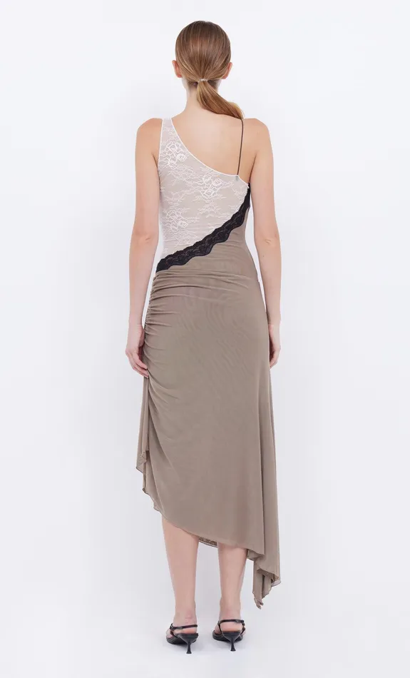 Bec Bridge Wedding Guest Women ABRIELLE ASYM MIDI DRESS 8211 TAUPEIVORY
