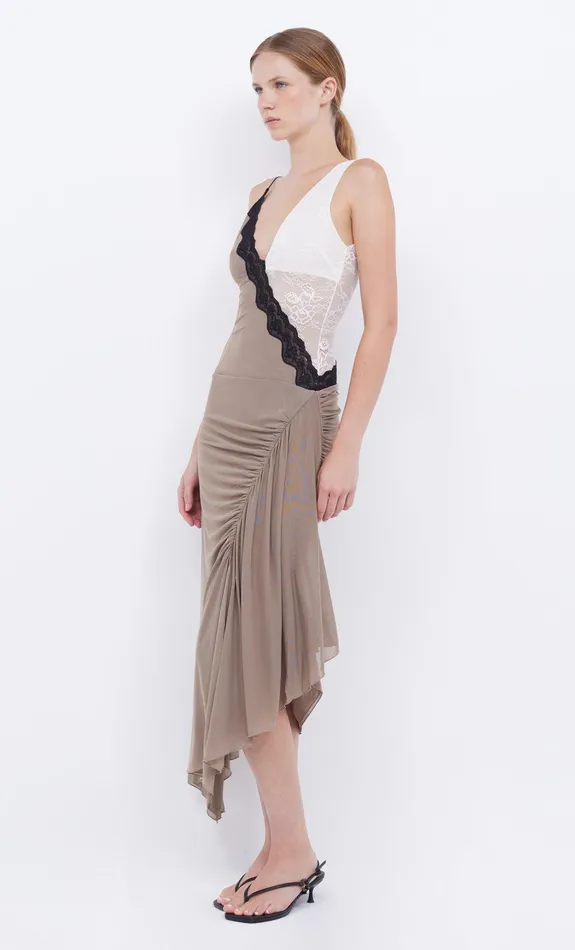 Bec Bridge Wedding Guest Women ABRIELLE ASYM MIDI DRESS 8211 TAUPEIVORY