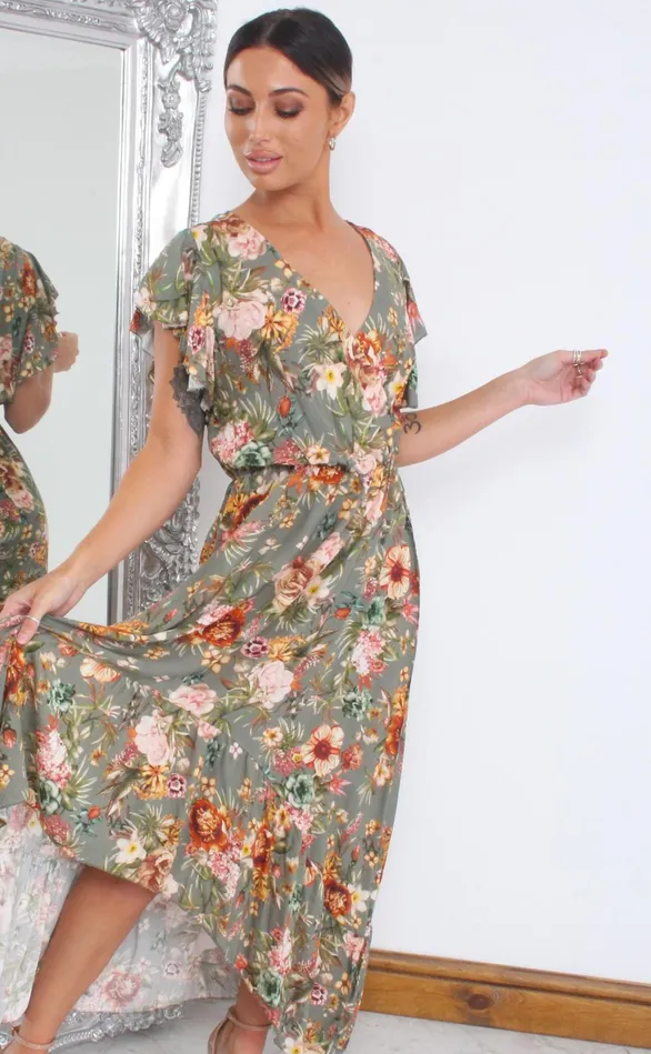 Beverly Green Floral Wrap Dipped Hem Ruffle Skater Dress Women Missfiga Wrap Dresses