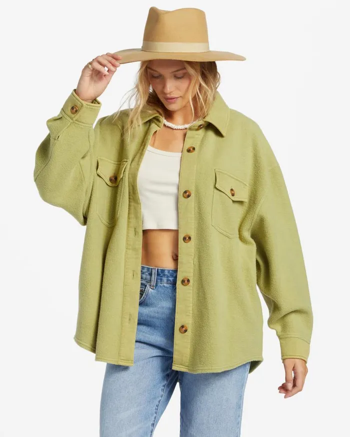 Billabong Tops Anytime Shacket Oversized ButtonThrough Jacket Avocado 8211 Women
