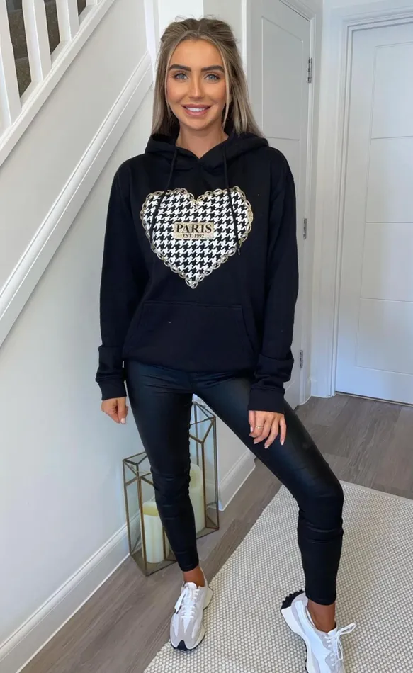 Black Houndstooth Heart Hoodie Women Missfiga Tops Black Houndstooth Heart Hoodie Women Missfiga Tops