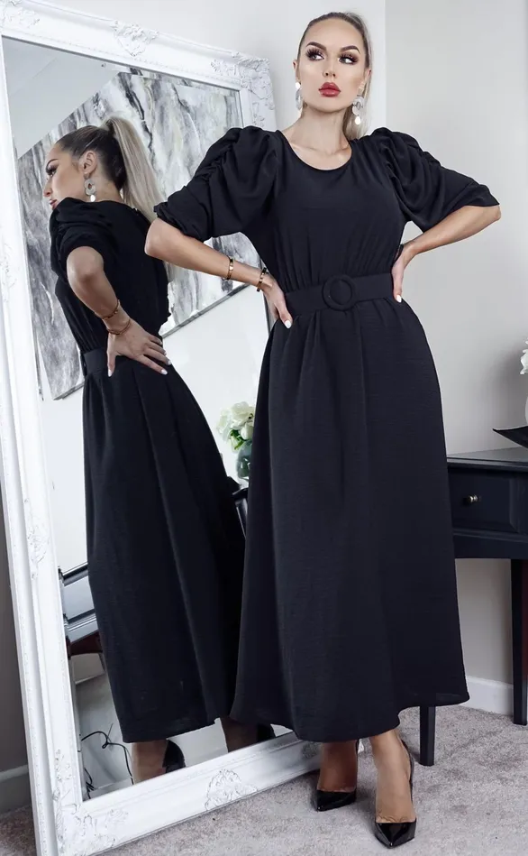 Brooklynn Black Puff Sleeve Belted Maxi Dress Women Missfiga Maxi Dresses