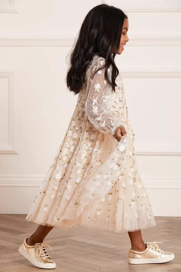 Camellia Ditsy Long Sleeve Kids Dress Champagne KidsWomen Needle and Thread Kids Formalwear
