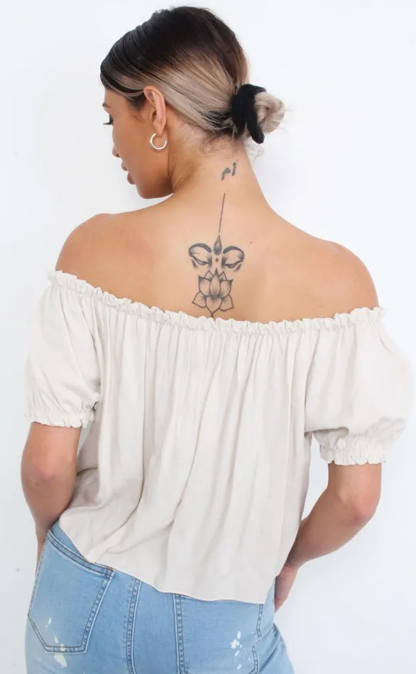 Chai Ivory Bardot Tie Detail Top Women Missfiga Tops Chai Ivory Bardot Tie Detail Top Women Missfiga Tops