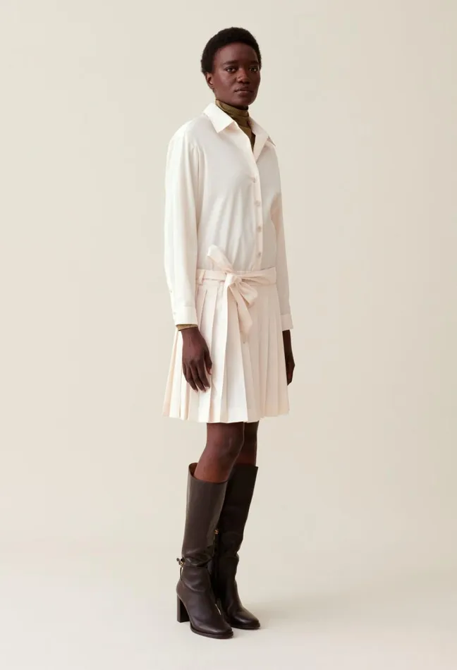 Claudie Pierlot Belted Shirt Dress Ecru Women Dresses