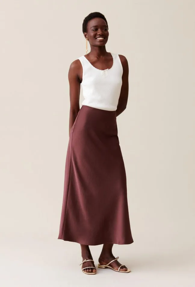 Claudie Pierlot Flowing Satin Midi Skirt Cappucino Women Skirts And Shorts