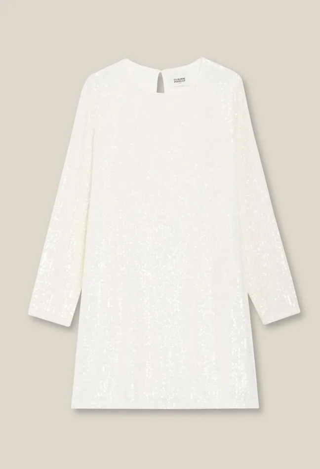 Claudie Pierlot Rififi Short Ecru Dress With Sequins Women Dresses Claudie Pierlot Rififi Short Ecru Dress With Sequins Women Dresses