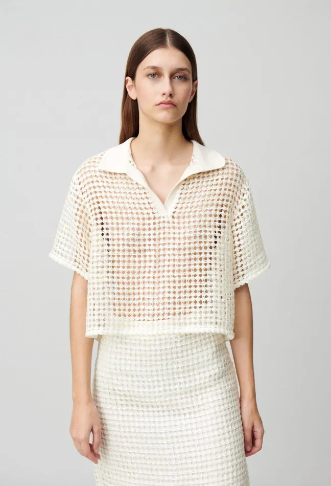 Claudie Pierlot ShortSleeved Crochet Top Ecru Women Tops And Shirts Claudie Pierlot ShortSleeved Crochet Top Ecru Women Tops And Shirts