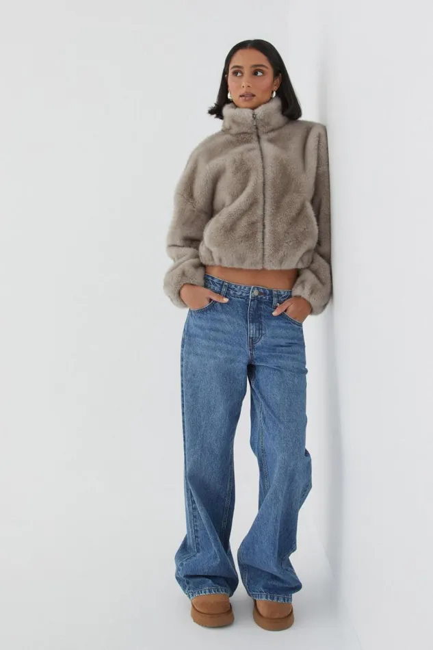 Clothing Supr Jackets and Puffers Brooke Cropped Faux Fur Jacket Grey