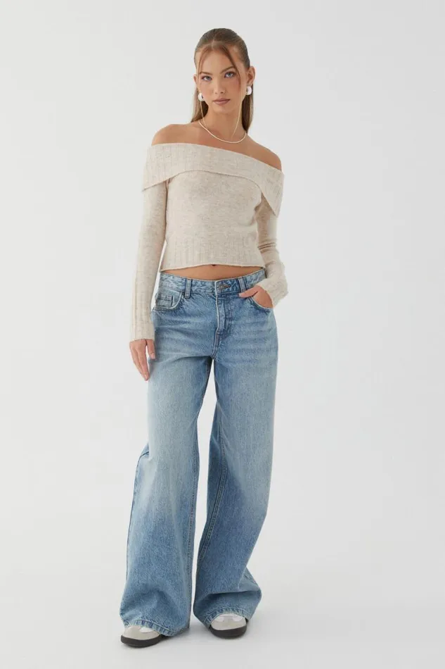 Clothing Supr Knitwear Frankie Fold Back Knit Jumper Taupe Marle